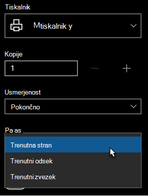 Pogovorno okno tiskalnika z izbrano možnostjo ene strani