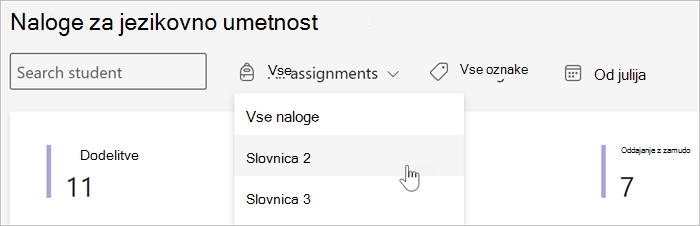 posnetek zaslona filtrov, ki so na voljo v pogledu »Naloge in ocene« vpogledov. iščete lahko po učencih, nalogah po oznakah ali datumu.