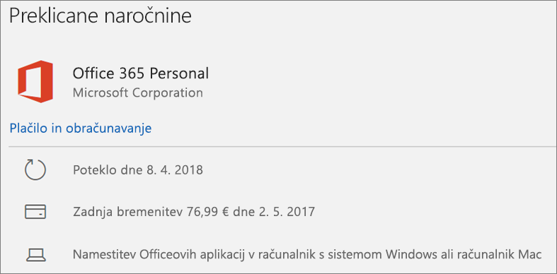 Prikazuje poteklo naročnino na Office 365