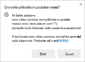 Posnetek zaslona poziva, ki se pojavi, ko spletna stran zahteva dovoljenje za uporabo piškotkov in podatkov o spletnem mestu na drugi spletni strani
