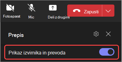 Posnetek zaslona prikaza izvirnega in prevedenega prepisa