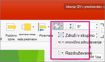 Prikaže ikono »Skupina« na traku v programu PowerPoint 2016 za Mac