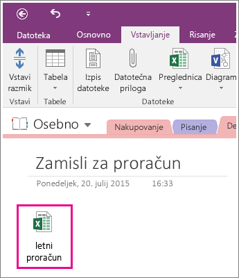 Posnetek zaslona priložene preglednice v programu OneNote 2016.