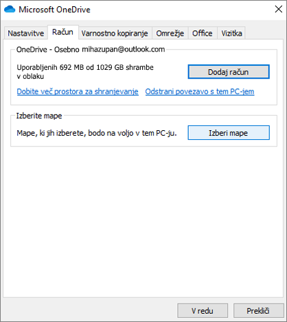 Pogovorno okno »Dodaj račun« v storitvi OneDrive