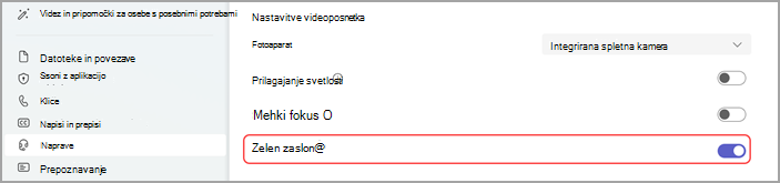 Slika s prikazom nastavitev naprav v aplikaciji Microsoft Teams za omogočanje zelenega platna