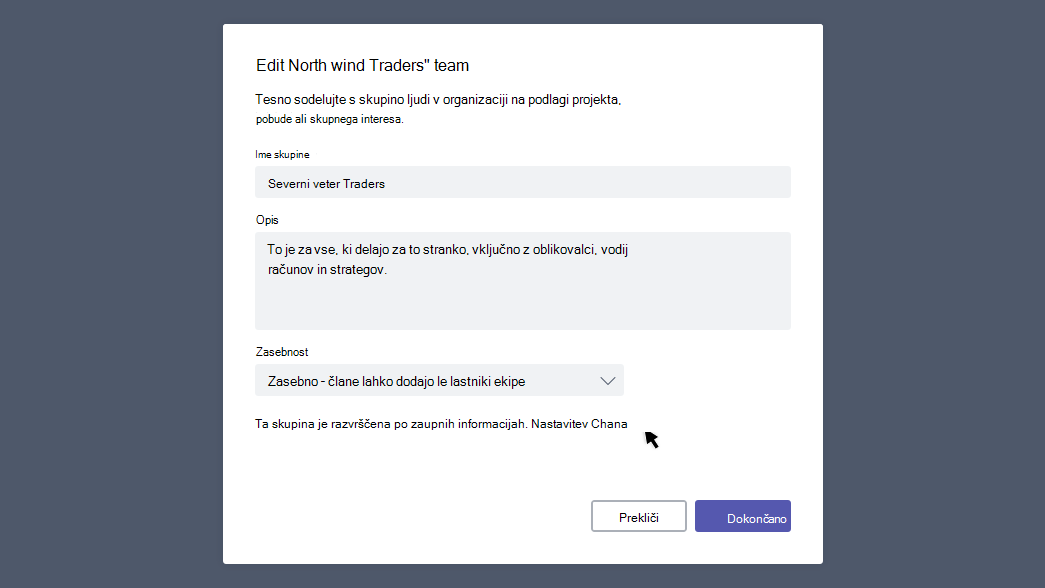 Pogovorno okno »Urejanje ekipe«