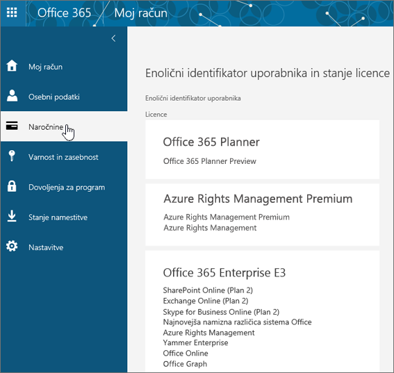 Stran z naročninami na Office 365