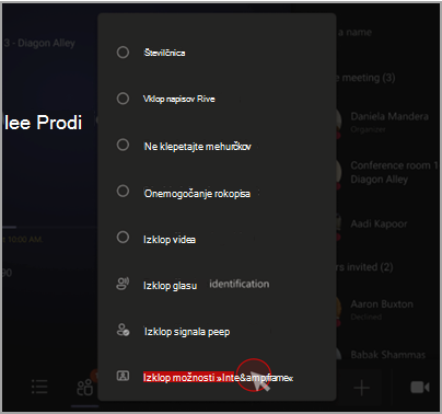 Izklopite IntelliFrame v konzoli sobe Microsoft Teams.