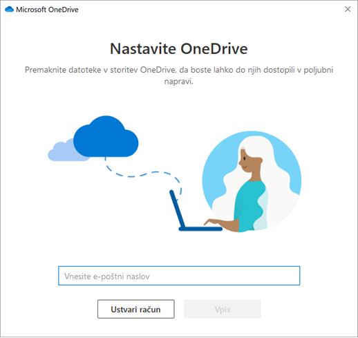 Posnetek zaslona prvega zaslona namestitve storitve OneDrive