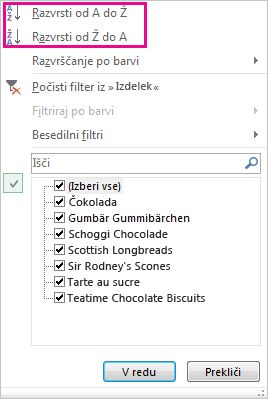 Ukazi za razvrščanje v galeriji »Razvrščanje in filtriranje«