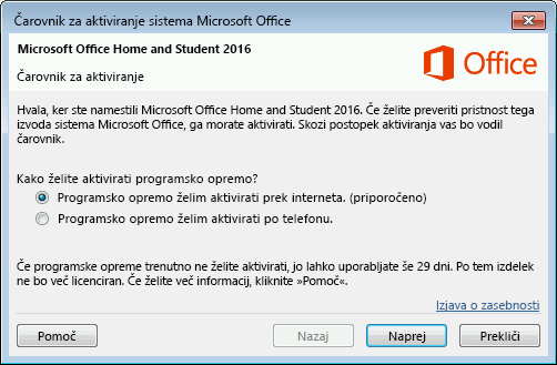 Prikaže se čarovnik za aktiviranje sistema Microsoft Office.