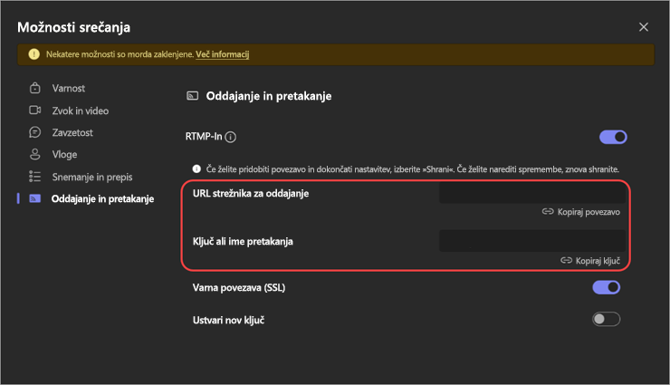 Posnetek zaslona, ki prikazuje nastavitve RTMP-In v možnostih srečanja.
