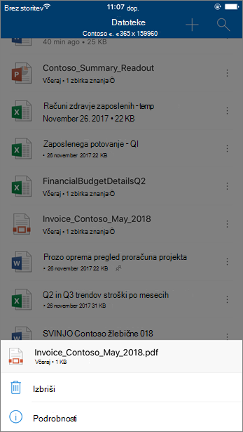 Posnetek zaslona brisanja blokirane datoteke iz OneDrive za podjetja mobilne aplikacije OneDrive