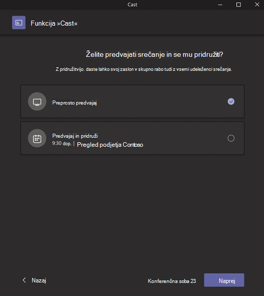 Pojavno okno, ki vam omogoča, da izberete, ali želite le predvajati ali predvajati srečanje in se mu pridružiti.