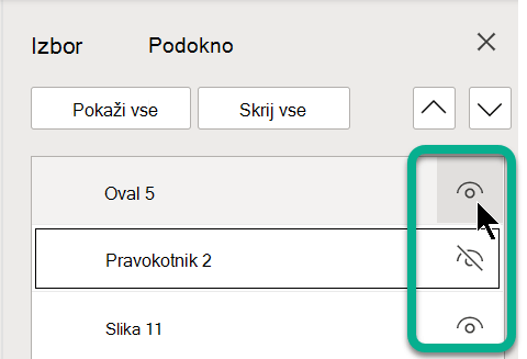 V podoknu izbora uporabite simbol »oko« na desni strani katerega koli predmeta, da ga prikažete ali skrijete.