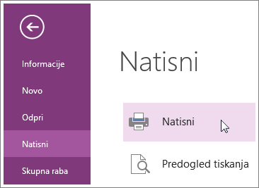 V meniju »Natisni« lahko natisnete strani programa OneNote