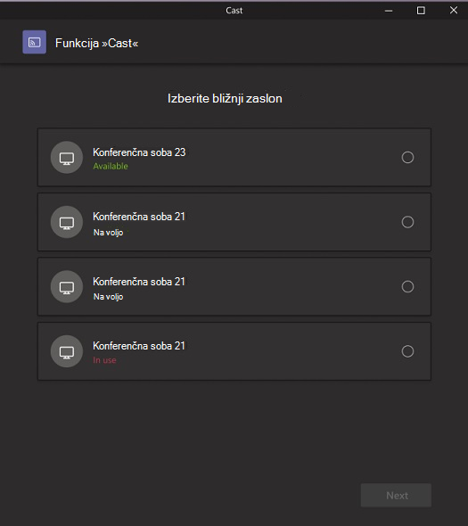 Pojavno okno s seznamom naprav, ki so na voljo in v katere lahko predvajate sobe.