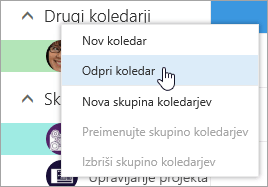 Posnetek zaslona s kontekstnim menijem »Drugi koledarji« z izbrano možnostjo »Odpri koledar«.