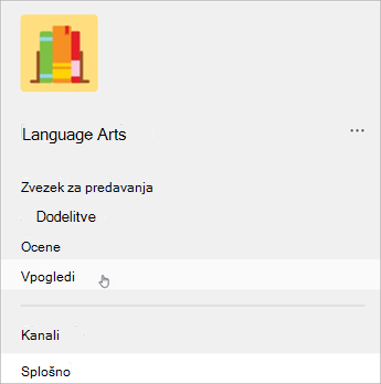 Posnetek zaslona krmarjenja levo v aplikaciji Teams. Na seznamu so prikazani zvezek za predavanja, dodeljene naloge, ocene in vpogledi.