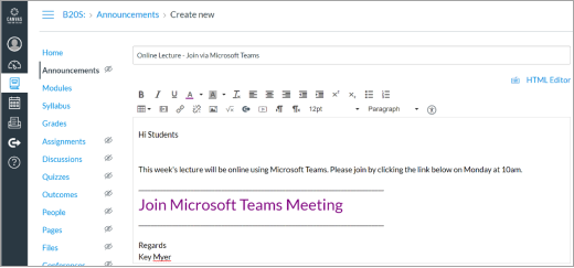 Povezava do orodja Microsoft Teams v objavi v sistemu Canvas