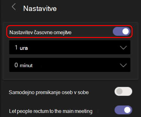 Slika prikazuje, kako nastavite časovno omejitev za sobe za ločene sestanke.