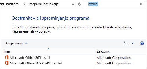 Prikazuje dve kopiji nameščenega Officea na nadzorni plošči