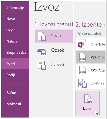 Posnetek zaslona načina izvoza strani zapiskov v programu OneNote 2016.