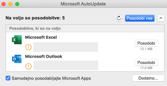Slika nadzorne plošče Microsoft AutoUpdate z informacijami o posodobitvah.