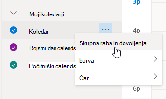 Posnetek zaslona s kazalcem miške nad možnostjo »Skupna raba in dovoljenja« v priročnem meniju koledarja