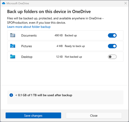 snimak ekrana rezervne kopije onedrive verzije tri