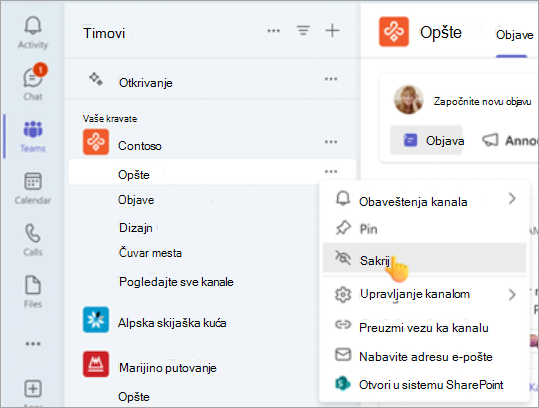 Sakrijte opšti kanal u timu.