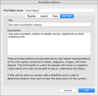 Dijalog „Alternativni tekst“ za Excel izvedenu tabelu.