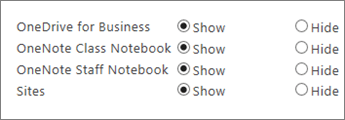 Lista OneDrive for Business, OneNote Beležnica za razred, OneNote Beležnica za osoblje i lokacije sa dugmadima da biste prikazali ili sakrili.