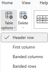 Meni "Opcije tabele" koji prikazuje opciju "Red zaglavlja" izabranu u programu Outlook na vebu.