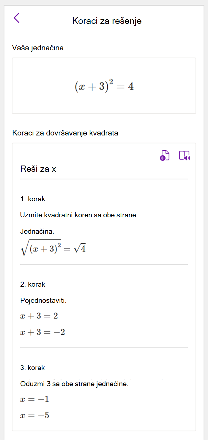 Snimak ekrana okna sa matematičkim izrazom u programu OneNote za računare. Koraci rešenja prikazani su za korišćenje metoda dovršavanja kvadratnog metoda za rešavanje za x.