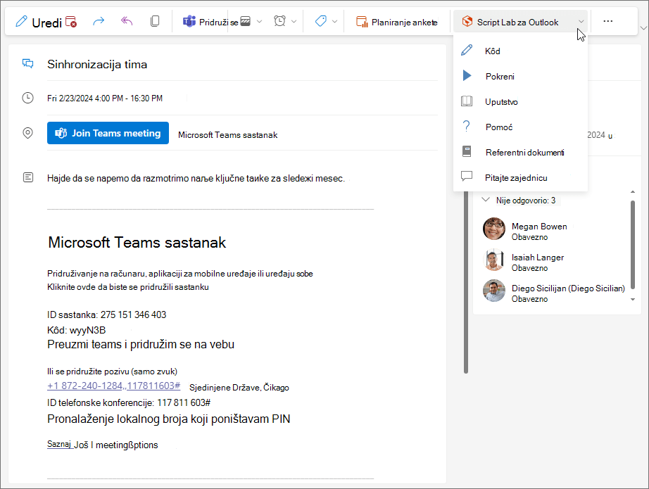 Uzorak programskog dodatka koji se koristi sa sastanka u programu Outlook na vebu i u novom programu Outlook za Windows.