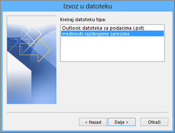 Outlook čarobnjak za izvoz – odaberite CSV datoteku