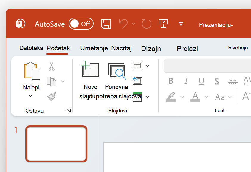 Snimak ekrana gornjeg levog ugla programa PowerPoint u šarenim temama.