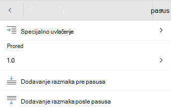 Meni za oblikovanje pasusa u programu Word za Android.