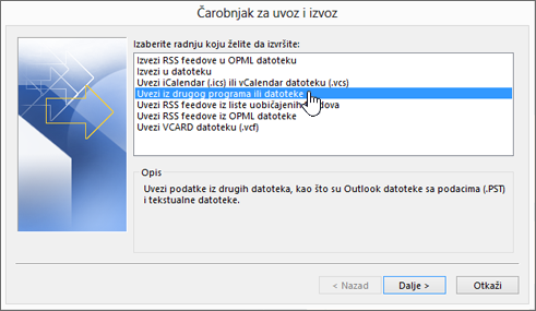 čarobnjak za uvoz i izvoz – uvezi iz drugog programa ili datoteke