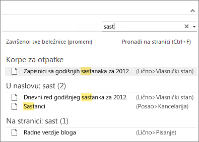 Koristite pretragu da biste tražili beleške bilo gde u programu OneNote.