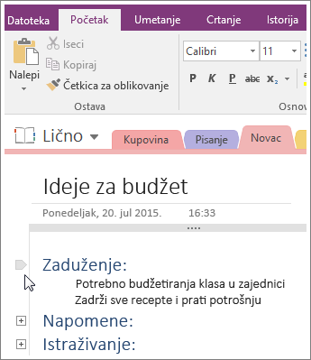 Snimak ekrana za skupljanje prikaza strukture u programu OneNote 2016.