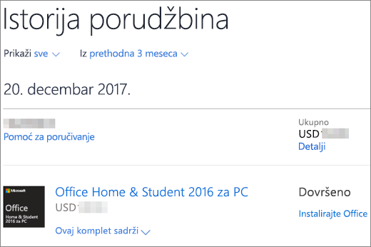 Prikazuje stranicu „Istorija porudžbina“ u Microsoft Store prodavnici