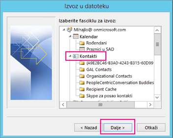 Pomerite se nagore, a zatim odaberite fasciklu sa kontaktima koju želite da izvezete.