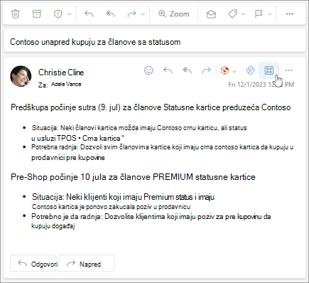 Ikona "Aplikacije" na traci sa radnjama poruke u programu Outlook na vebu i u novoj aplikaciji Outlook za Windows.