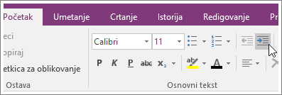 Snimak ekrana dugmeta „Povećaj uvlačenje“ u programu OneNote 2016.