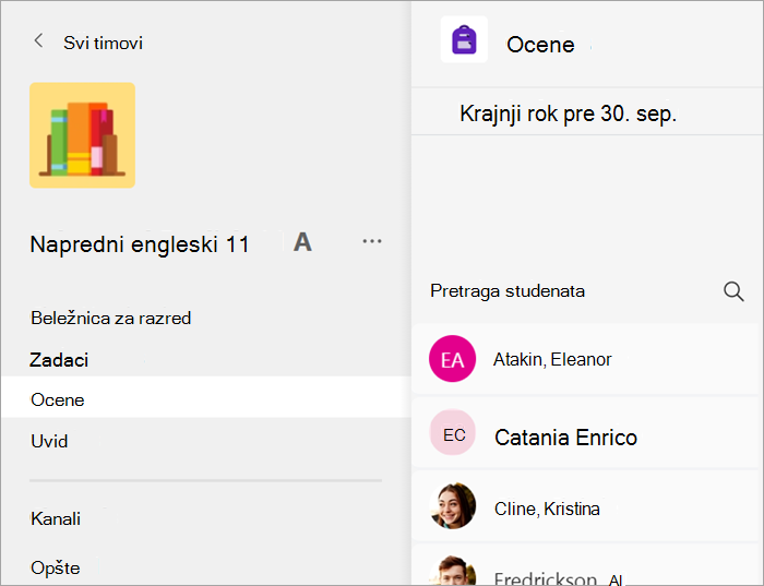 Aplikacija "Ocene" se otvara u timu razreda.