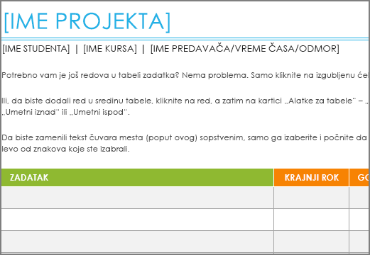 Stari predložak liste projektnih zadataka sa najmanjim fontom od 8,5 tačaka.