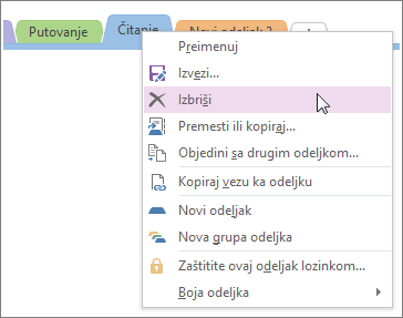 Screenshot of how to delete a section in OneNote 2016.