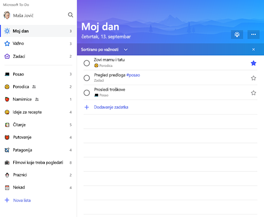 Snimak ekrana koji prikazuje bočnu traku i moju dnevnu listu u usluzi Microsoft to-do